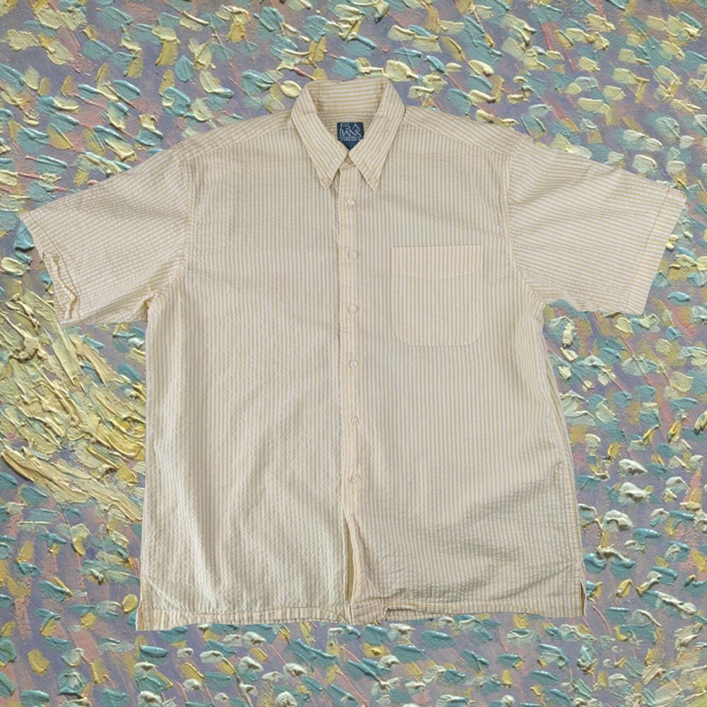 JOS A BANK Mens Yellow Striped Short Sleeve Button Down Large